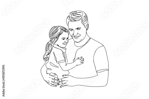 Single line drawing of father holding his child, capturing loving paternal connection and family warmth in a minimalist artistic style
