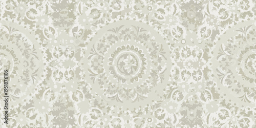 Intricate damask pattern with floral and geometric motifs in neutral tones