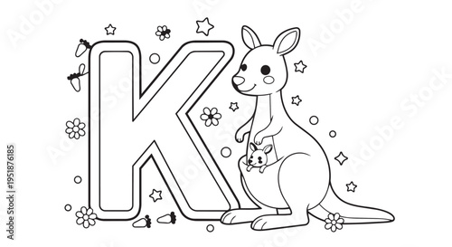 A large letter K is presented alongside a mother kangaroo with a joey in her pouch, decorated with flowers and stars for a kindergarten alphabet book.