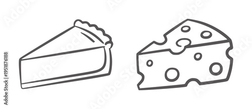 Simple black and white line of a slice of pie and a wedge of cheese food dessert