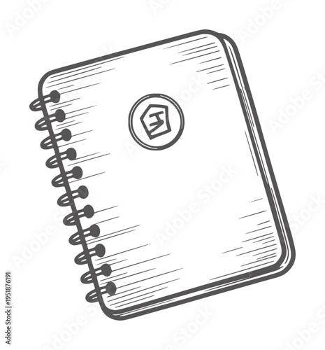 Simple black and white line of a spiral bound notebook with a circular emblem