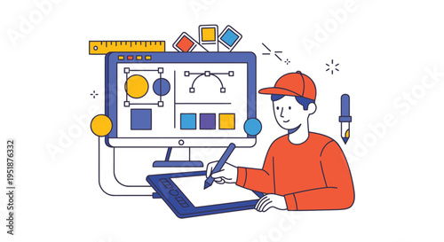 Vector illustration of a man designing on a computer and graphics tablet