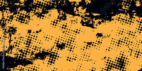 Edgy abstract background combining bold paint streaks and halftone elements in a striking black and yellow color scheme.
