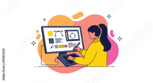 Vector illustration of woman working on computer with colorful screen