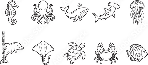 Black line drawings of various ocean creatures including fish dolphins whales and sea turtles on white background for aquatic designs