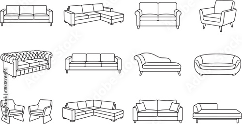 Collection of various sofas and couches in different styles and designs furniture illustrations