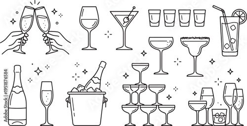 Black line art illustrations of various cocktail glasses bottles and champagne flutes with sparklers on white background for party and celebration designs