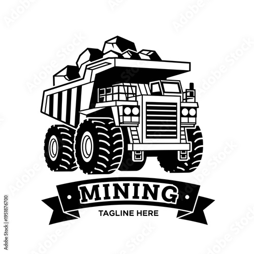 Heavy Duty Mining Dump Truck Hauling Ore Black and White Illustration.