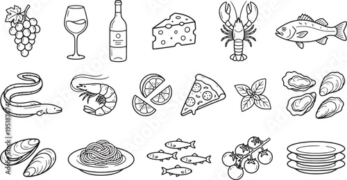 Collection of gourmet food and drink ingredients for italian cooking including pasta cheese wine herbs and spices on a white background perfect for culinary themes