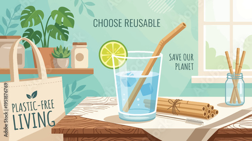 Eco-friendly living illustration with reusable straws and plastic-free bag