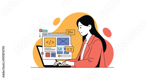 Vector illustration of woman coding on laptop with colorful interface elements