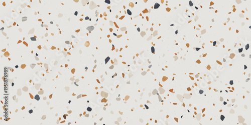 Abstract terrazzo pattern with scattered colorful stone fragments on white