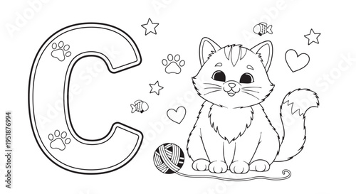 A fluffy cartoon kitten sits beside the bold capital letter C, which is decorated with paw prints, hearts, and small fish icons for a playful coloring book design.