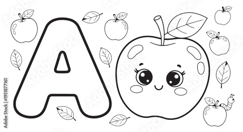 Capital letter A coloring page features a large cartoon apple with a happy face surrounded by smaller apples and leaves for early childhood education.