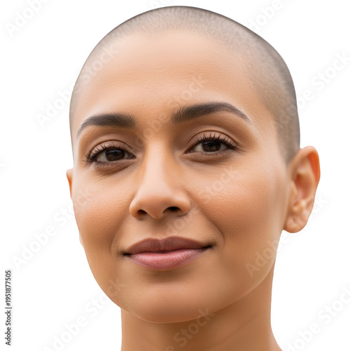 Bald woman smiling face close-up, isolated on white background