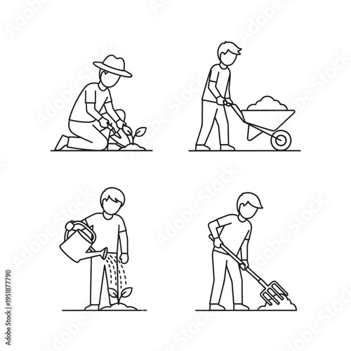 Four line art illustrations depicting various gardening tasks like planting, watering, moving soil, and tilling, showcasing common outdoor leisure activities.