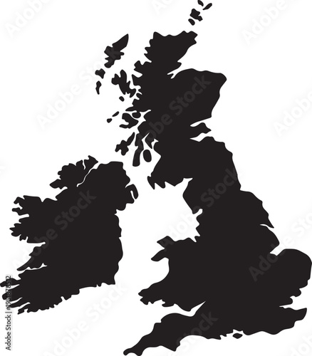 A detailed black silhouette map of the british isles including great britain and ireland islands