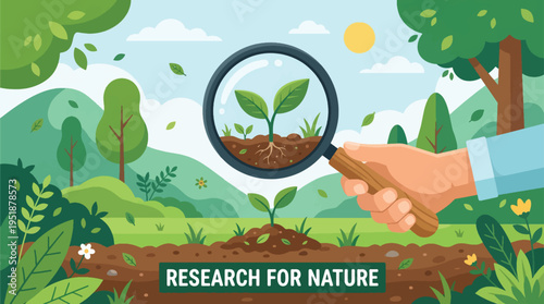 Vector illustration of hand holding magnifying glass over plant in soil, nature research concept
