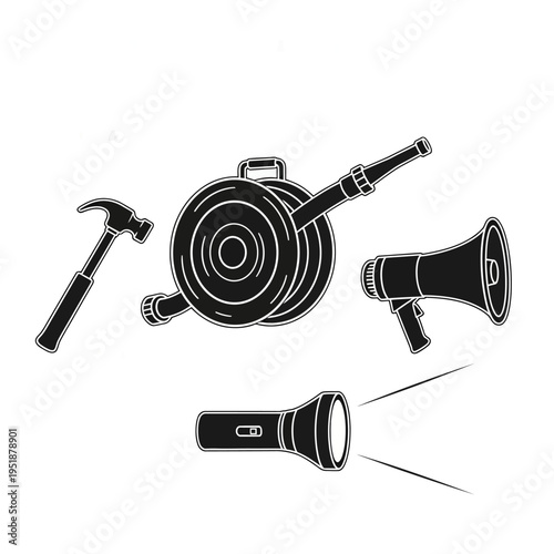 Firefighter tools laid out including hose nozzle hammer and flashlight