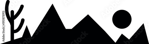 A minimalist black and white vector graphic illustration showcasing a stylized desert landscape with sharp triangular mountains, a barren tree, and a simple circular sun or moon.