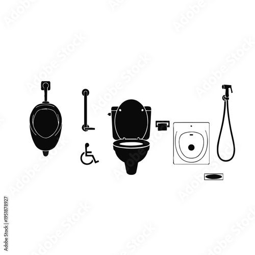 Toilet accessories and bathroom equipment in a disabled accessible stall with 1 (11).eps illustration