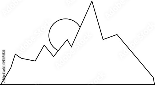 Minimalist vector graphic illustration depicting a stylized mountain range silhouette with the sun partially setting behind the peaks