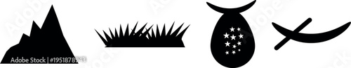 Essential black silhouette vector graphic icons representing landscape features and cultural elements clearly displayed in a row.