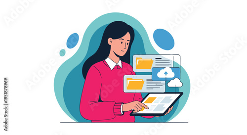 Vector illustration of woman working on laptop with cloud computing icons