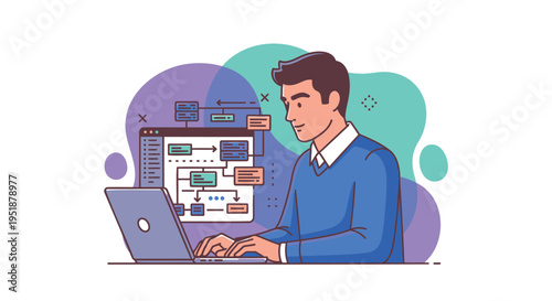 Vector illustration of a man working on a laptop with software interface