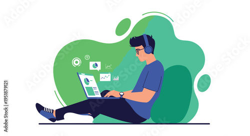 Vector illustration of a man sitting with laptop and headphones