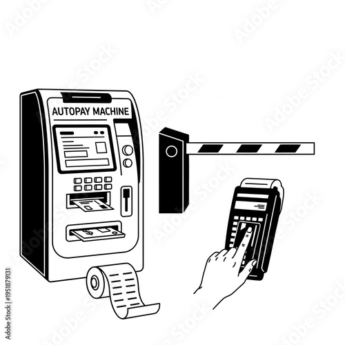 Autopay machine dispenses ticket to handheld device under barrier arm