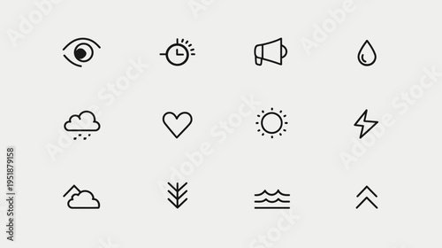 Minimalist vector line icons set. Abstract outline symbols for weather, nature, communication, time, and user interface elements.
