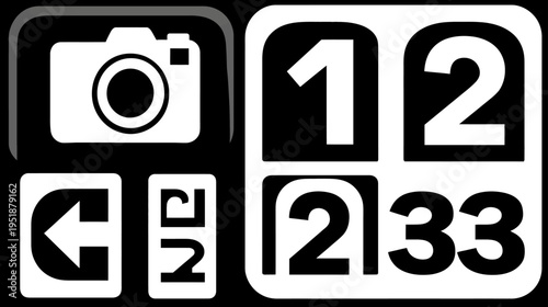 Modern mobile app interface featuring camera icon, numbered photo gallery grid, and navigation arrow on dark background