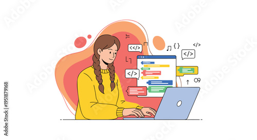Vector illustration of woman working on laptop with coding symbols