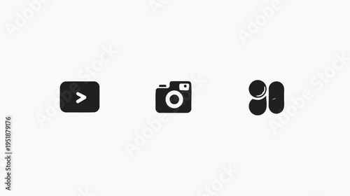 Minimalist black media control icons on white background. Modern flat design UI elements for video, camera, and abstract content apps.