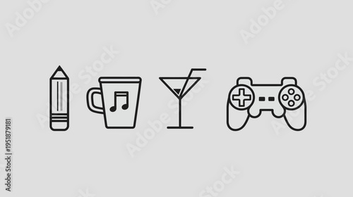 Set of minimalist line art icons representing diverse hobbies, leisure activities, creativity, and entertainment on a gray background