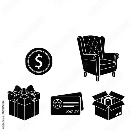 A collection of reward symbols including a coin, chair, gift box, loyalty card and opened box.