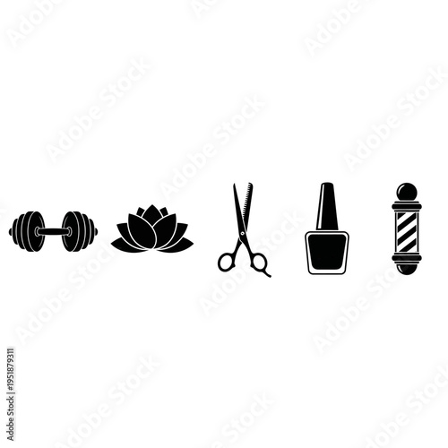 A set of beauty and fitness icons including a dumbbell, lotus, scissors, nail polish, and lipstick.