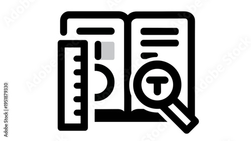 Outline Icon: Document Review, Data Analysis, Measurement & Planning. Research and Technical Specification Symbol