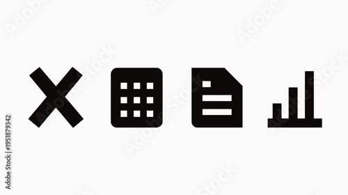 Minimalist black UI icons: Close, menu grid, document file, and bar graph. Digital interface design elements for web and app.