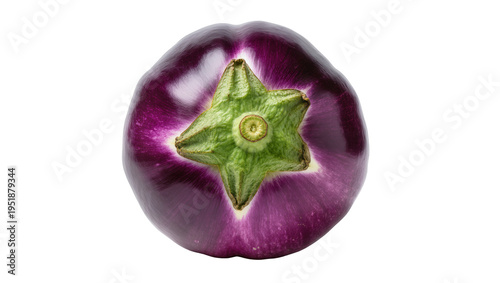 Fresh, vibrant purple eggplant with a green stem, viewed from directly above, perfectly isolated on a transparent background, a healthy vegetable PNG