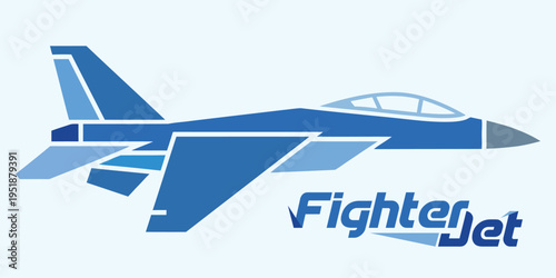 Blue fighter jet airplane illustration with text logo
