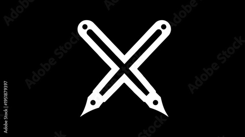 Minimalist black and white icon of two crossed stylized pens forming an X shape, representing writing, creativity, and design.