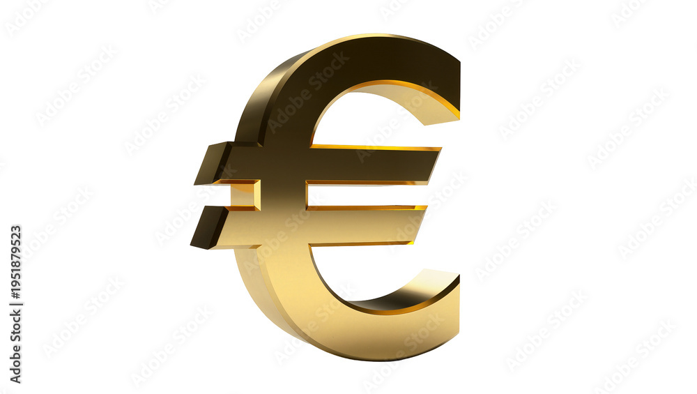 Fototapeta premium Shiny golden 3D Euro currency symbol, metallic and reflective, isolated on transparent background, representing European finance and economy PNG