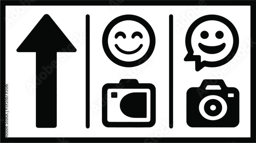 Black and white vector icons: up arrow, happy face, and camera with speech bubble for social media, photography, and upload