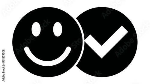 Happy face emoji and checkmark icon symbol for satisfaction, approval, success, positive feedback, and agreement