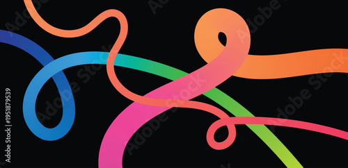 Vibrant colorful swirling ribbons on a black background abstract art