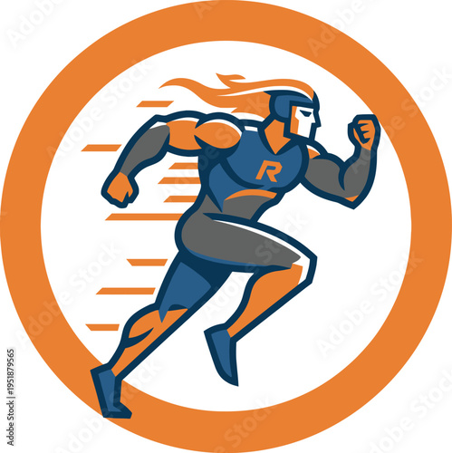Dynamic illustration of a speedy superhero in motion within an orange circle
