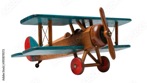 Фотография Vintage wooden toy biplane with teal wings and red wheels, isolated on transpare