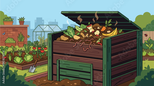 Vector compost bin with organic waste in garden